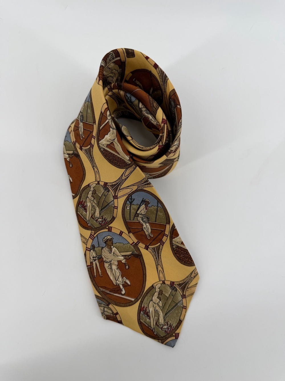 VTG Brooks Brothers Makers Silk Tie Tennis Collage Novelty Prep Yellow Made USA